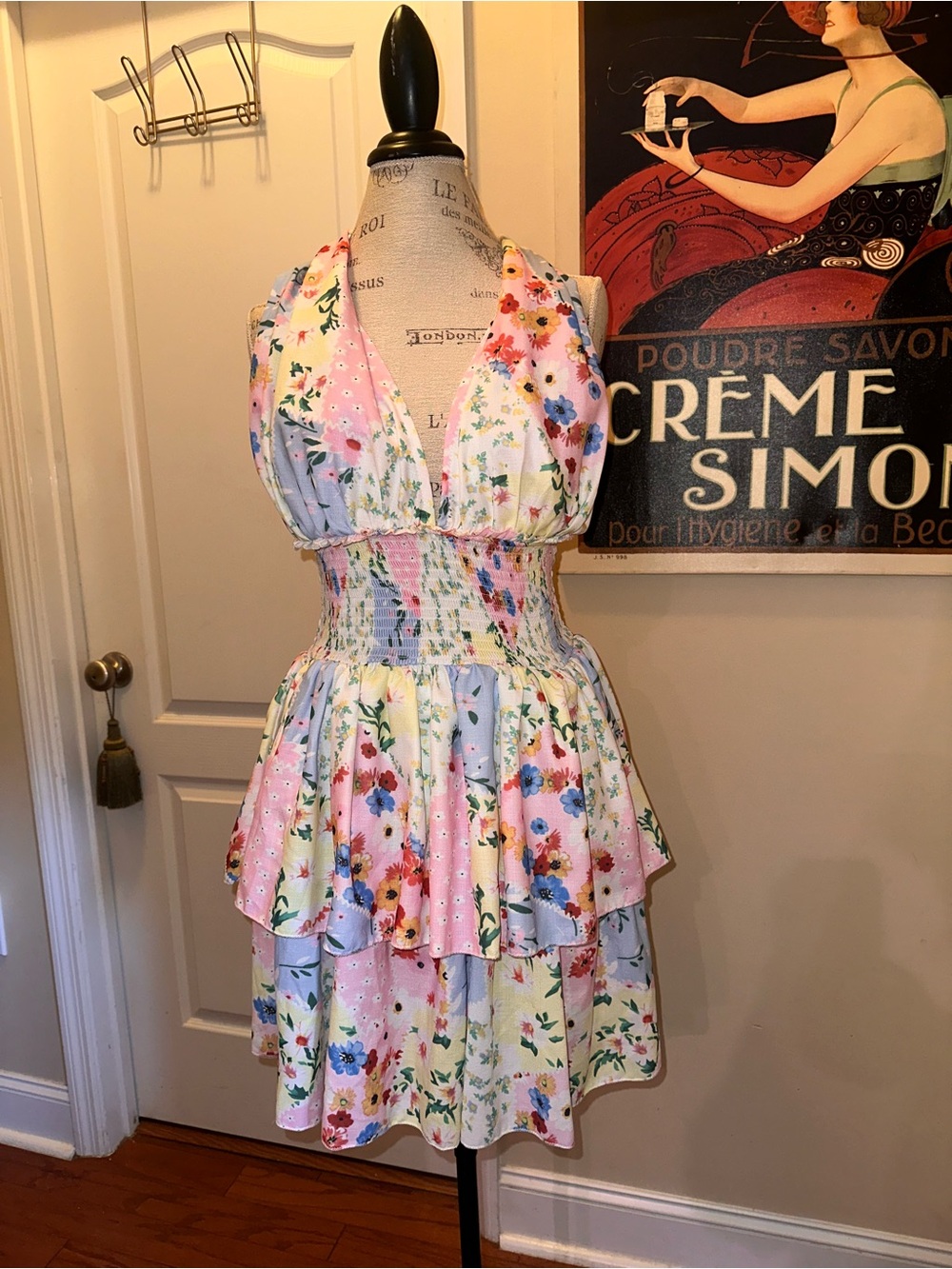 SHEIN Pastel Floral Tiered Halter Mini Dress - Pink, Blue, Yellow, Cream